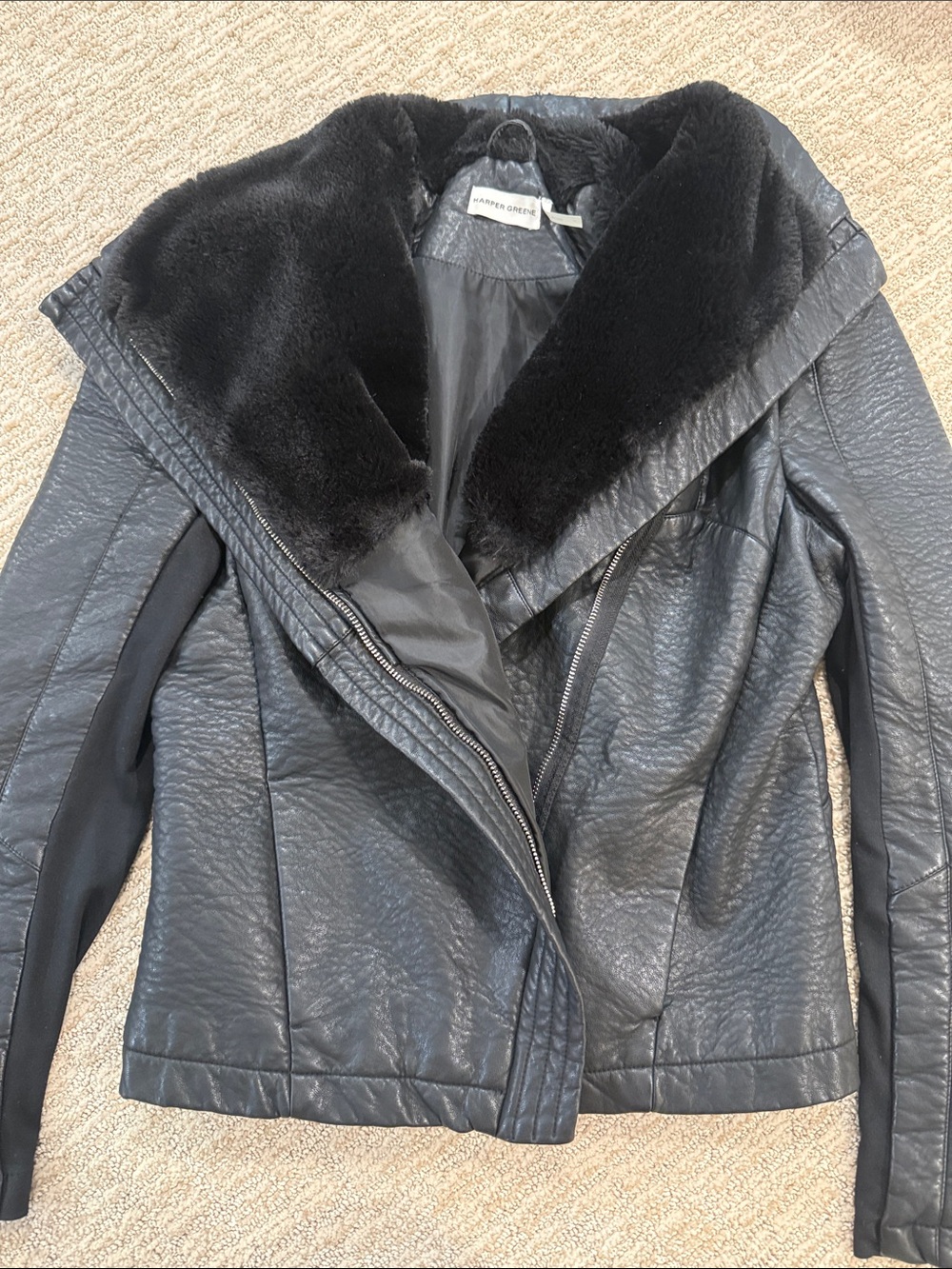 Black Faux Leather Jacket with Plush Shawl Collar